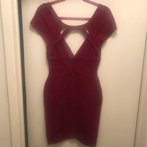 BURGUNDY HERVE LEGER STYLE BANDAGE DRESS SIZE M